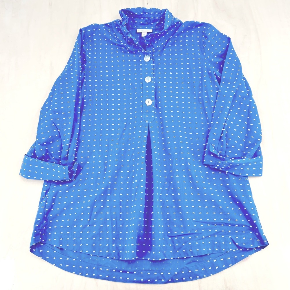 Appleseed's Blue Clip Dot Ruffle Collar Tunic Blouse L Cotton Blend Coastal